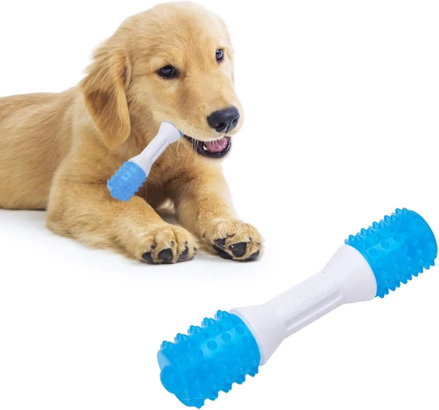 Blue and white TPR rubber puppy teething chew toy for dental health in three sizes
