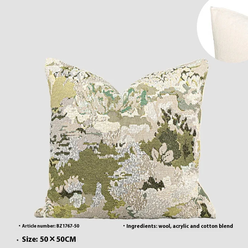 Green abstract floral pattern decorative pillow cover with French antique style, shown in square and rectangular sizes.