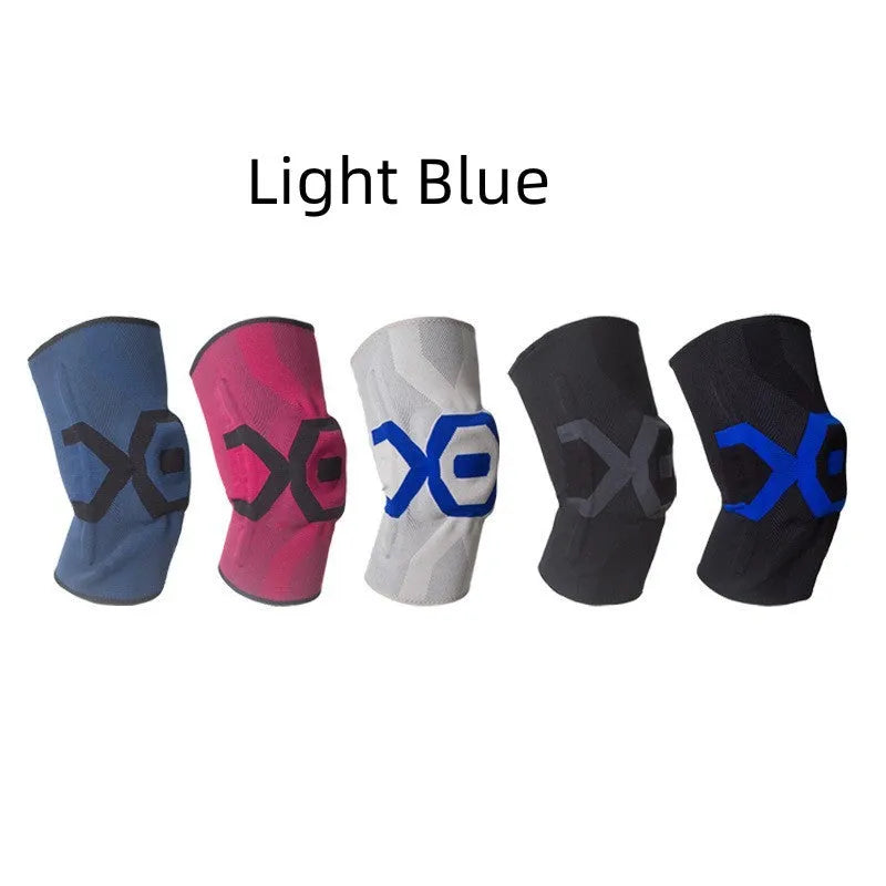 A black and blue silicone knee pad for sports protection, shown alongside other colour options.