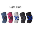 A black and blue silicone knee pad for sports protection, shown alongside other colour options.
