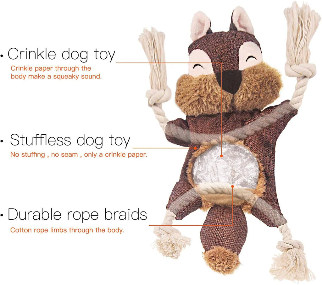 Brown fox dog toy with squeaker, crinkle paper, and cotton rope arms
