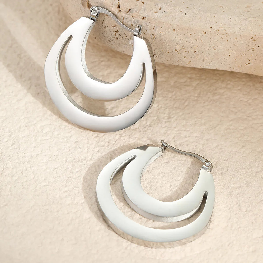 Geometric minimalist French earrings with stainless steel construction and 18K gold electroplating in gold and steel colour options