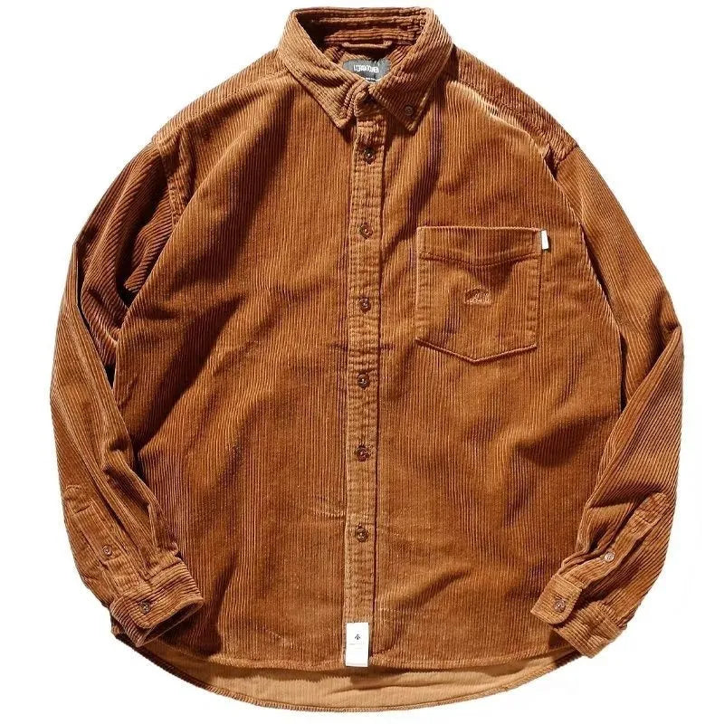 Long sleeve corduroy shirt in loose cardigan fit with Japanese Hong Kong style in caramel colour
