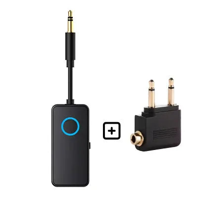 Black Bluetooth 5.4 audio adapter with a 3.5mm aux plug for wireless streaming to and from audio devices.