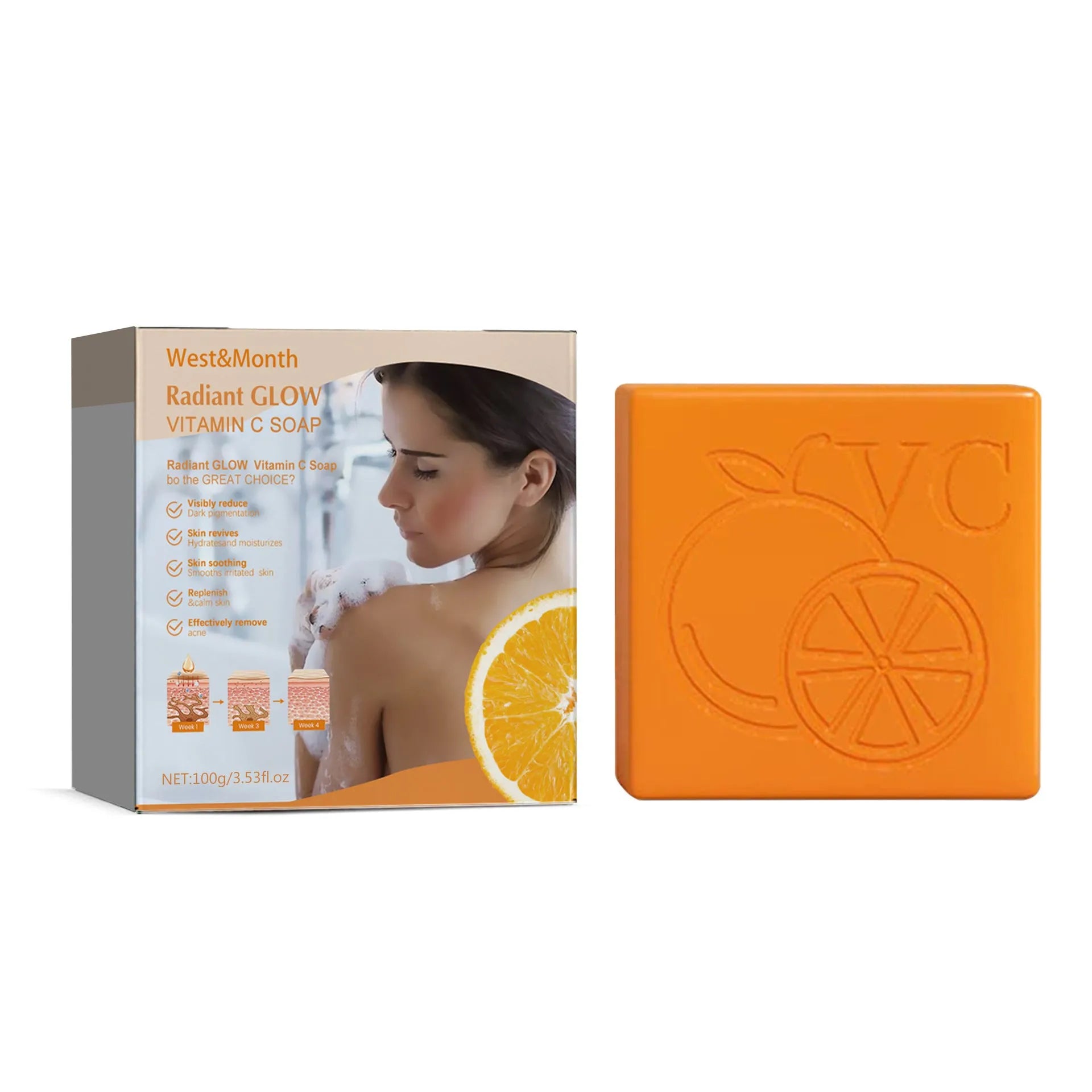 100g bar of whitening vitamin body care soap with kojic acid and botanical extracts.