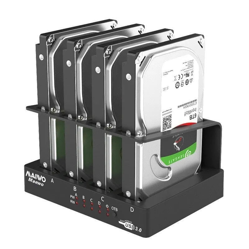 External four-bay hard drive expansion dock for 2.5 inch SATA drives with cables and brackets.