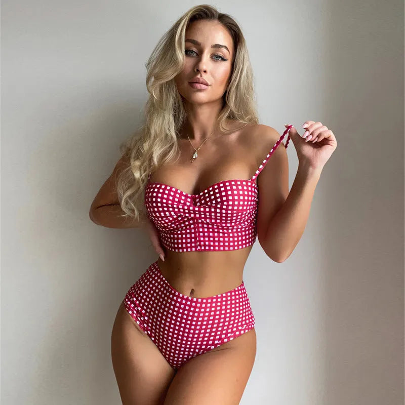 Women's high-waist bikini swimsuit with plaid split pattern in multiple colour options