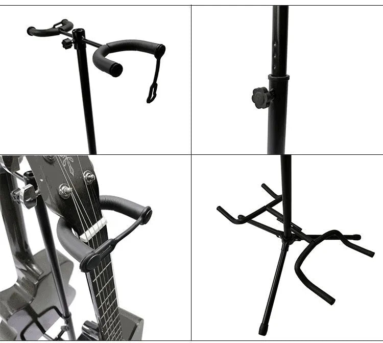 Black iron vertical double-headed adjustable guitar stand holding two instruments
