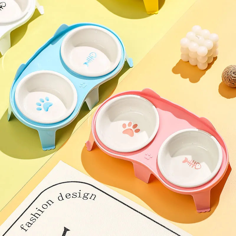 Ceramic cat food and water bowl set with elevated tilted design on ABS stand with hook