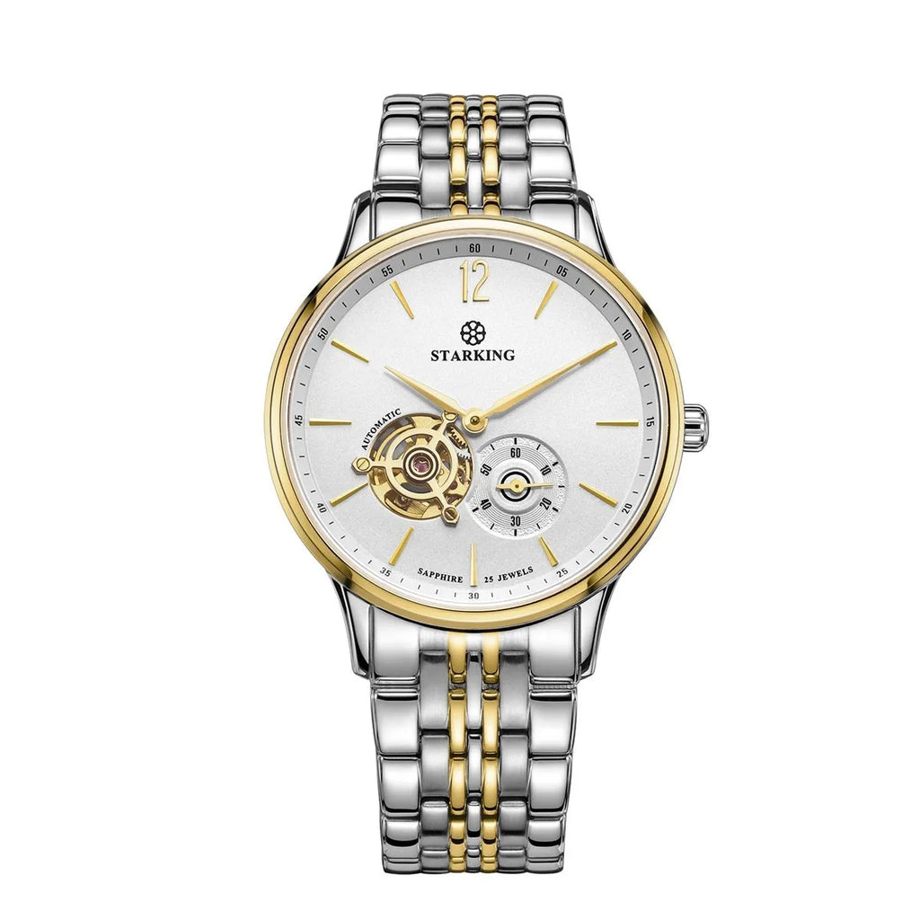 Men's automatic mechanical business watch with brown leather strap and stainless steel case