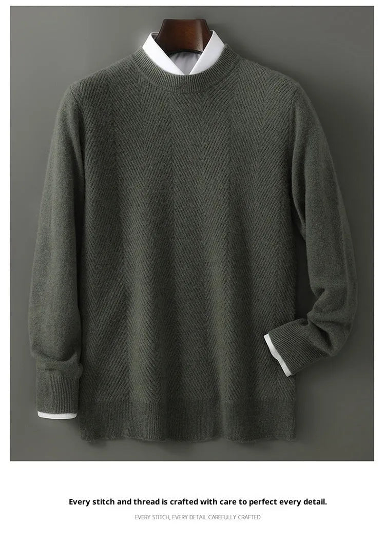 Men's wool round neck pullover sweater in beige, camel, light gray, gray or olive green, long sleeve winter jumper.