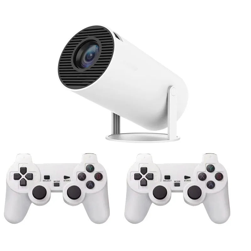 White X10 PLUS portable home smart projector with gamepad and remote control on table