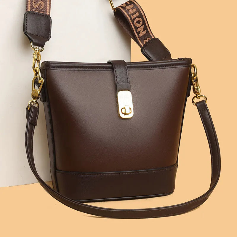Korean style soft PU bucket bag with double shoulder straps and internal organisation compartments