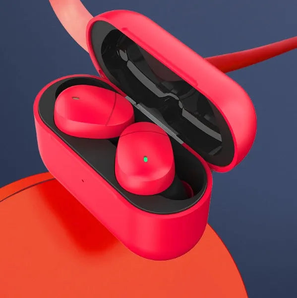 Flame red Qualcomm Bluetooth 5.2 wireless earbuds with charging cable