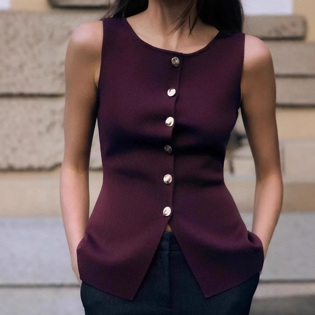 Dark red slim fit viscose cardigan vest with 3D pattern, shown on a hanger.