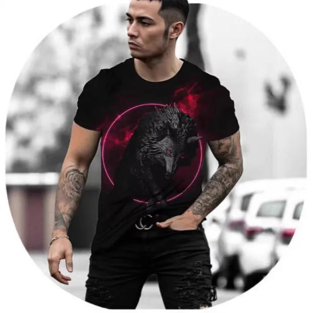 Retro 3D animal print design on a men's short-sleeved polyester t-shirt, shown in multiple colour options.