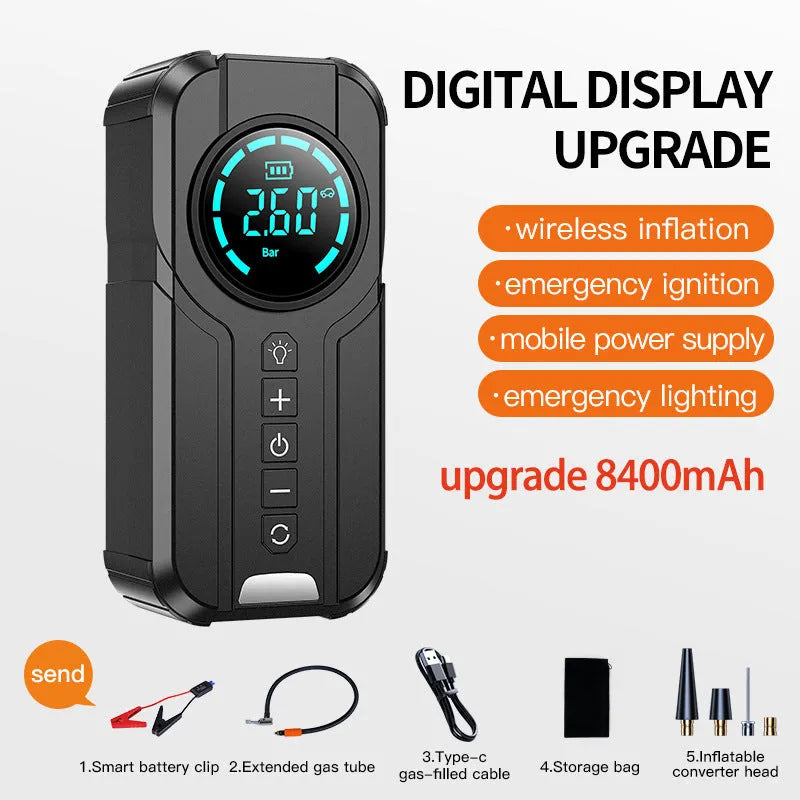 Wireless portable car tyre inflator with digital display, 6000mAh battery, and universal nozzles in carry case