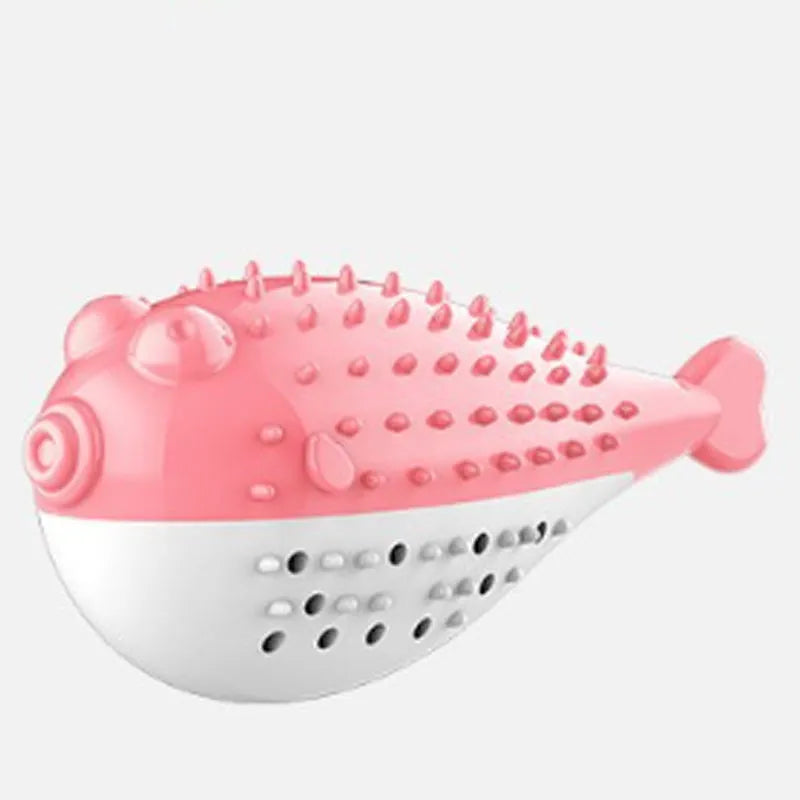 Blue silicone fish-shaped cat chew toy with toothbrush texture for grabing and chewing