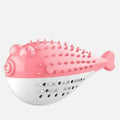 Blue silicone fish-shaped cat chew toy with toothbrush texture for grabing and chewing