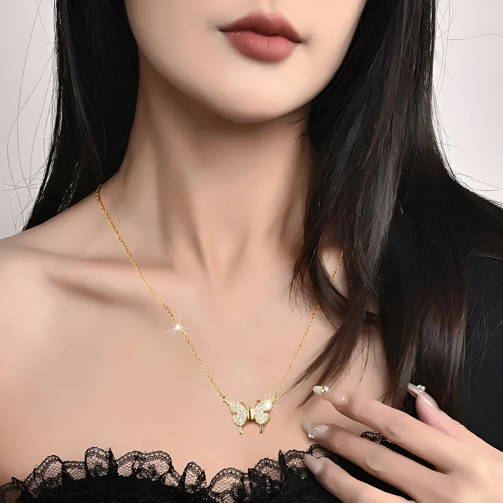 Women's gold and silver titanium steel clavicle chain with magnetic butterfly pendant on twisted chain.