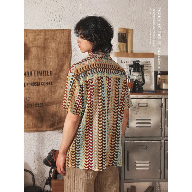 Grey Japanese style men's short sleeve shirt with a Cuban collar and jacquard pattern.