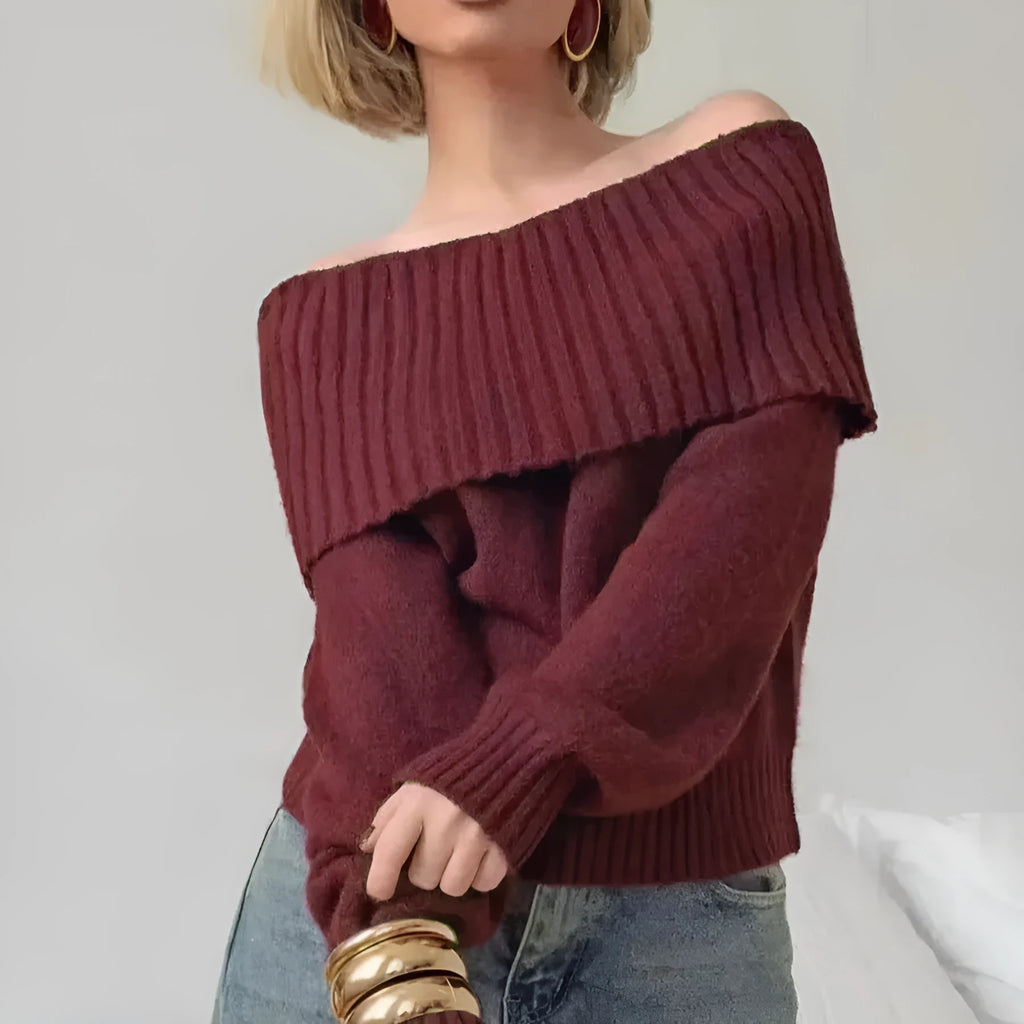 Gray off-the-shoulder acrylic sweater with 3D pattern effect and regular sleeves