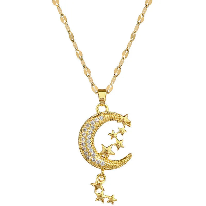 A218 moon pendant necklace with geometric diamond accents on stainless steel chain