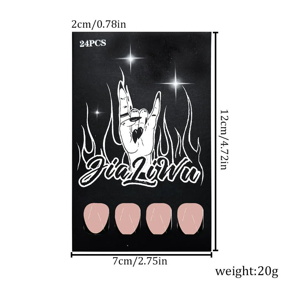 24 artificial press-on nails showing short almond shape with matte black French manicure design
