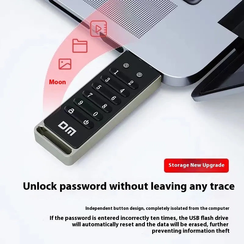 Intelligent digital button fingerprint encryption USB flash drive with metal shell showing dimensions