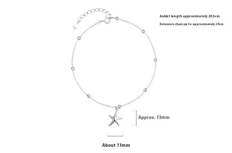 S925 sterling silver women's anklet with starfish charm and round beads on adjustable chain