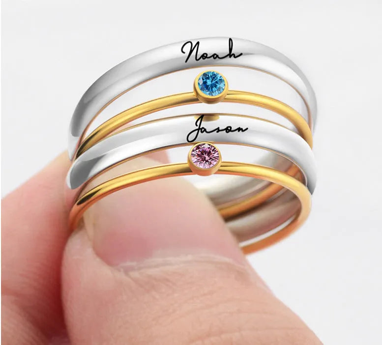 Titanium steel engraved ring with December birthstone colour in geometric design