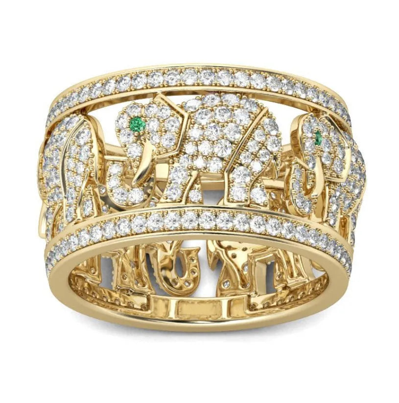 Close-up of an alloy elephant motif fashion ring with full diamond decoration on a white background.