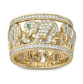 Close-up of an alloy elephant motif fashion ring with full diamond decoration on a white background.