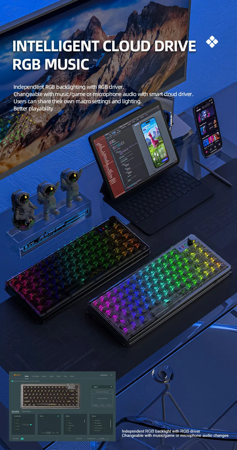 Attack Shark K75 RGB wireless mechanical keyboard with transparent PC case showing internal lighting