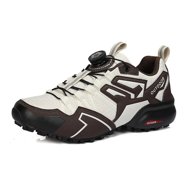 Men's beige lightweight hiking shoes with an elastic band closure and synthetic leather upper.
