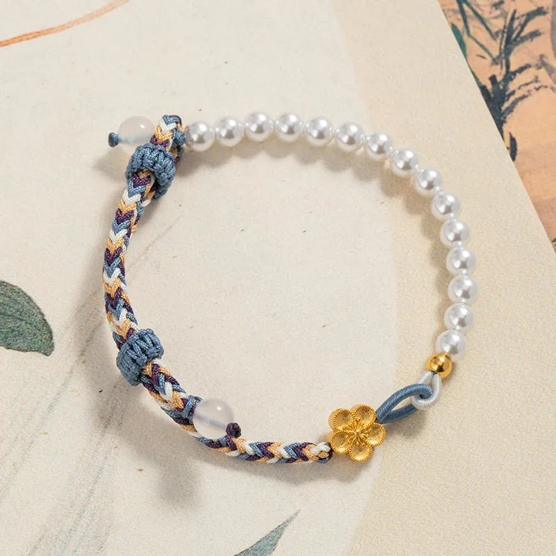 Chinese flower weaving carrying strap with chalcedony stones and sterling silver clasp in peach colour