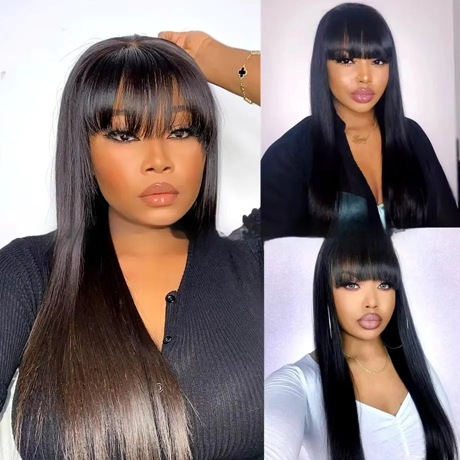 Women's natural colour full mechanism human hair wig shown at medium length.