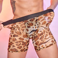 Men's leopard print boxer shorts showing full animal pattern design on nylon fabric