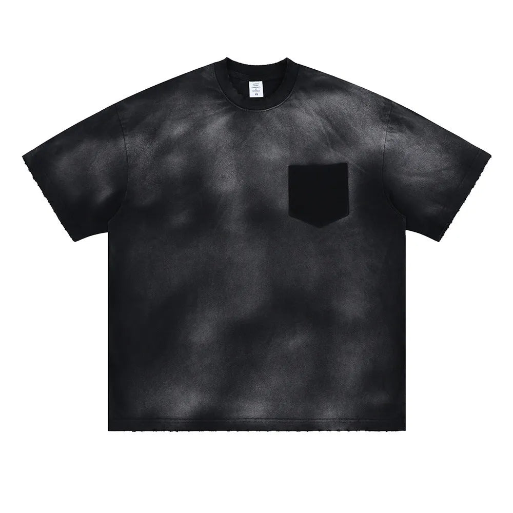 Men's black loose-fit cotton T-shirt with printed letter pattern and drop-shoulder short sleeves