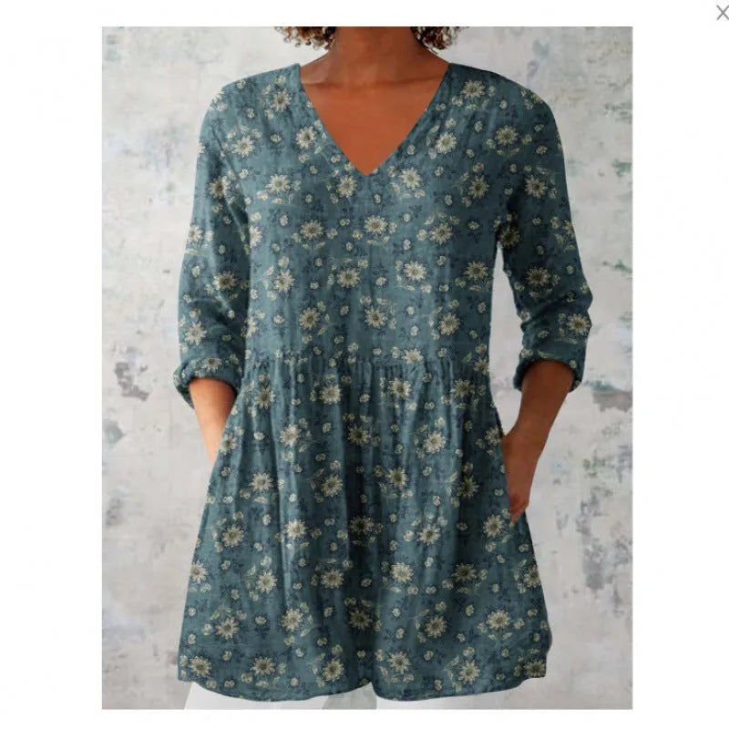 Women's printed loose dress with wave pattern, wide waistband, and 3/4 sleeves in polyester fabric