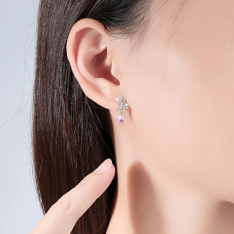 Butterfly crystal silver stud earrings for women in 925 sterling silver with secure clutch backs