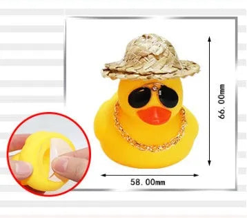 Cartoon straw hat yellow duck car dashboard ornament with sunglasses accessory on base