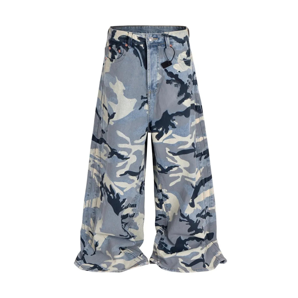 Snow camouflage blue loose-fit denim jeans on a mid-waist mannequin, showing the trousers length and camouflage pattern.