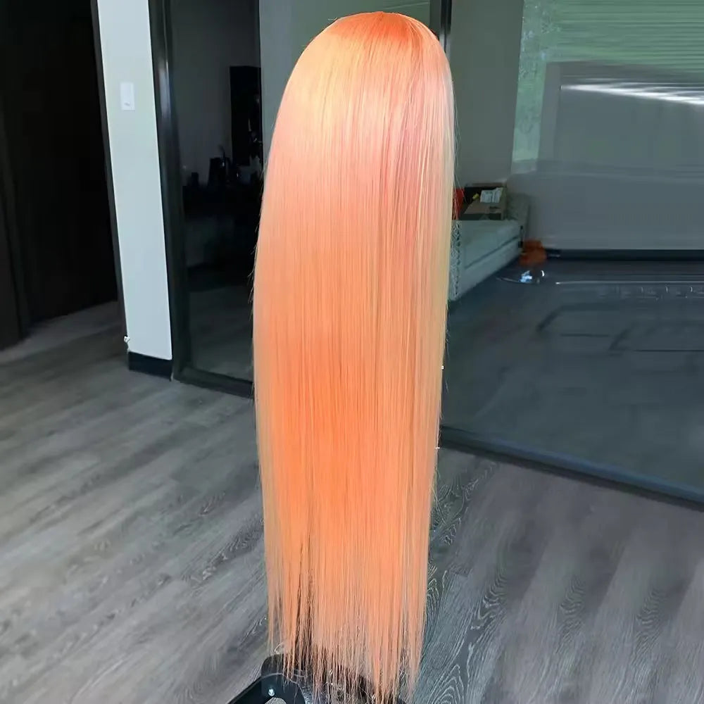 Light orange long straight synthetic wig with front lace construction on display