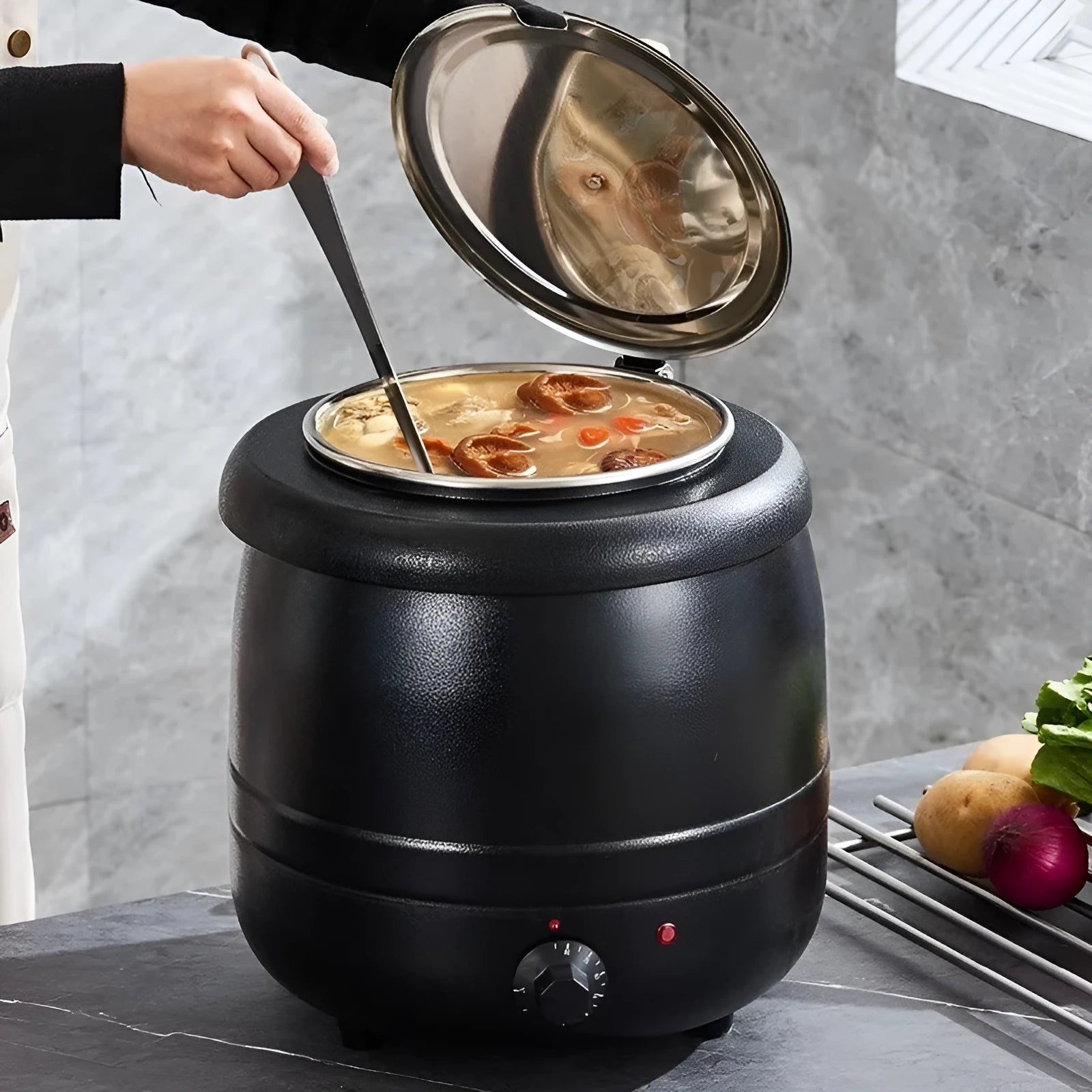 Black stainless steel insulated electric soup pot with large steel cover, 10-litre capacity