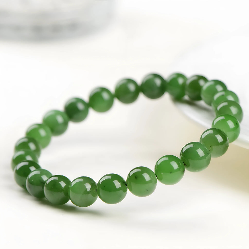 Natural Hetian jade Jasper ball bracelet showing polished beads in one of five available size ranges