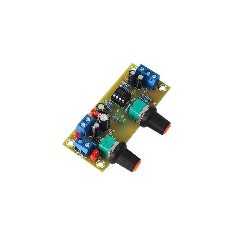 Front stage amplifier circuit board with bass boost components on green FR-4 fibreglass