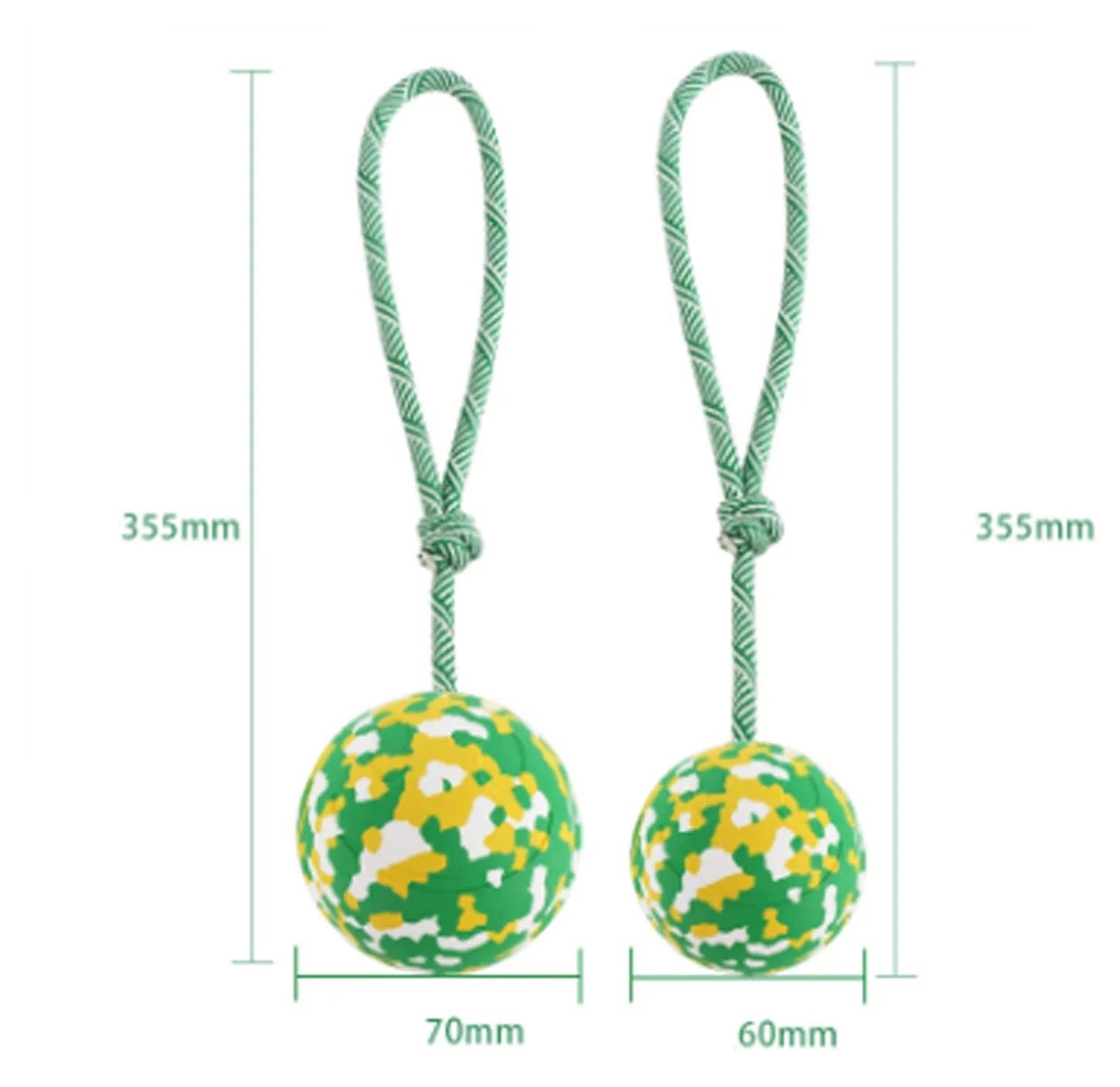 Natural rubber dog ball attached to a blue nylon rope, shown in two sizes L and S for interactive play.