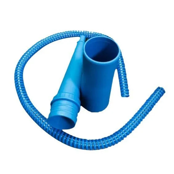Blue 3 opp bag attached to a long, round-headed plastic suction pipe for vacuum cleaner dust extraction.