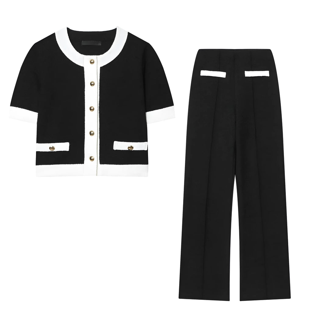 Women's beaded round neck top and high-waisted trousers street fashion suit set